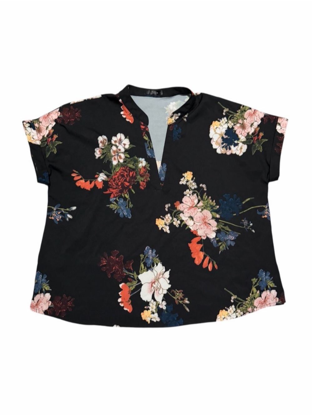 SHEIN Black Floral Split V-Neck Blouse with Multicolor Blooms